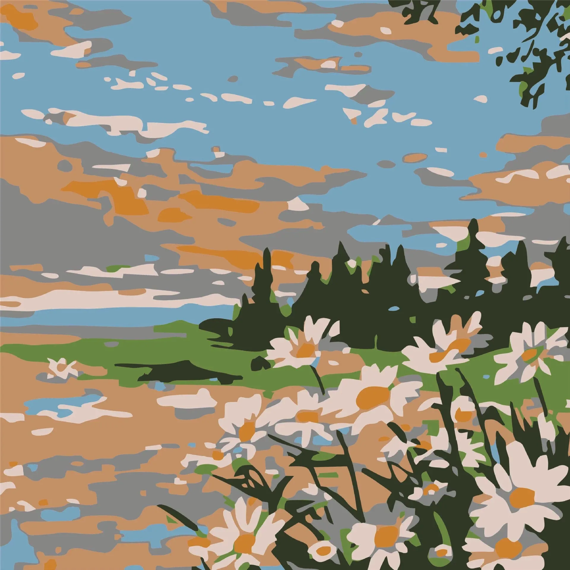 27520-Flat Daisy Forest Sunset Block Canvas Wall Art Decor