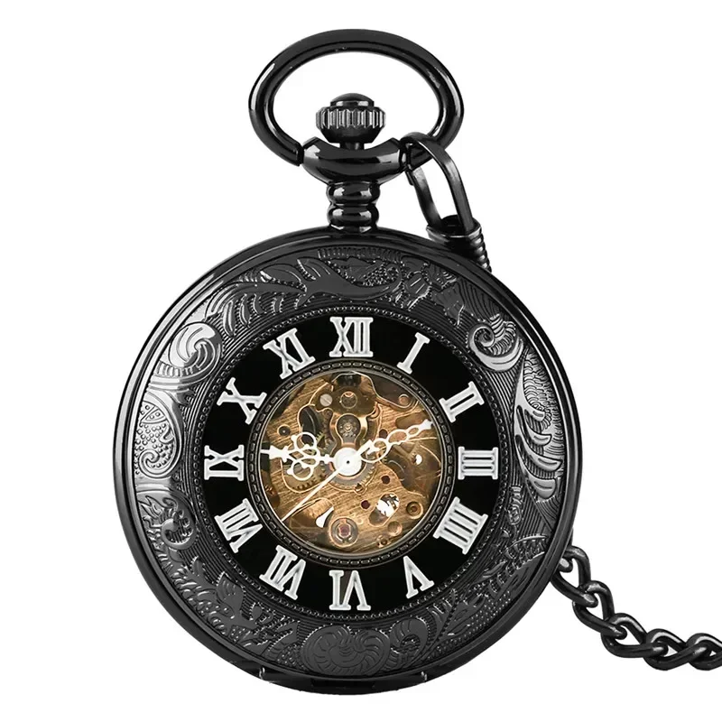 Antique Carved Roman Numeral Pocket Watch Skeleton Automatic Mechanical Watch with Pendant Chain Vintage Unisex Timepiece