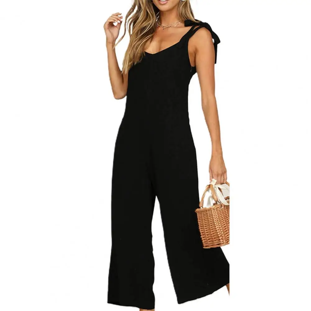 Summer Loose Casual Jumpsuit Women Sleeveless Rompers O Neck Solid Backless Overalls Trousers Wide Leg Cropped Pants