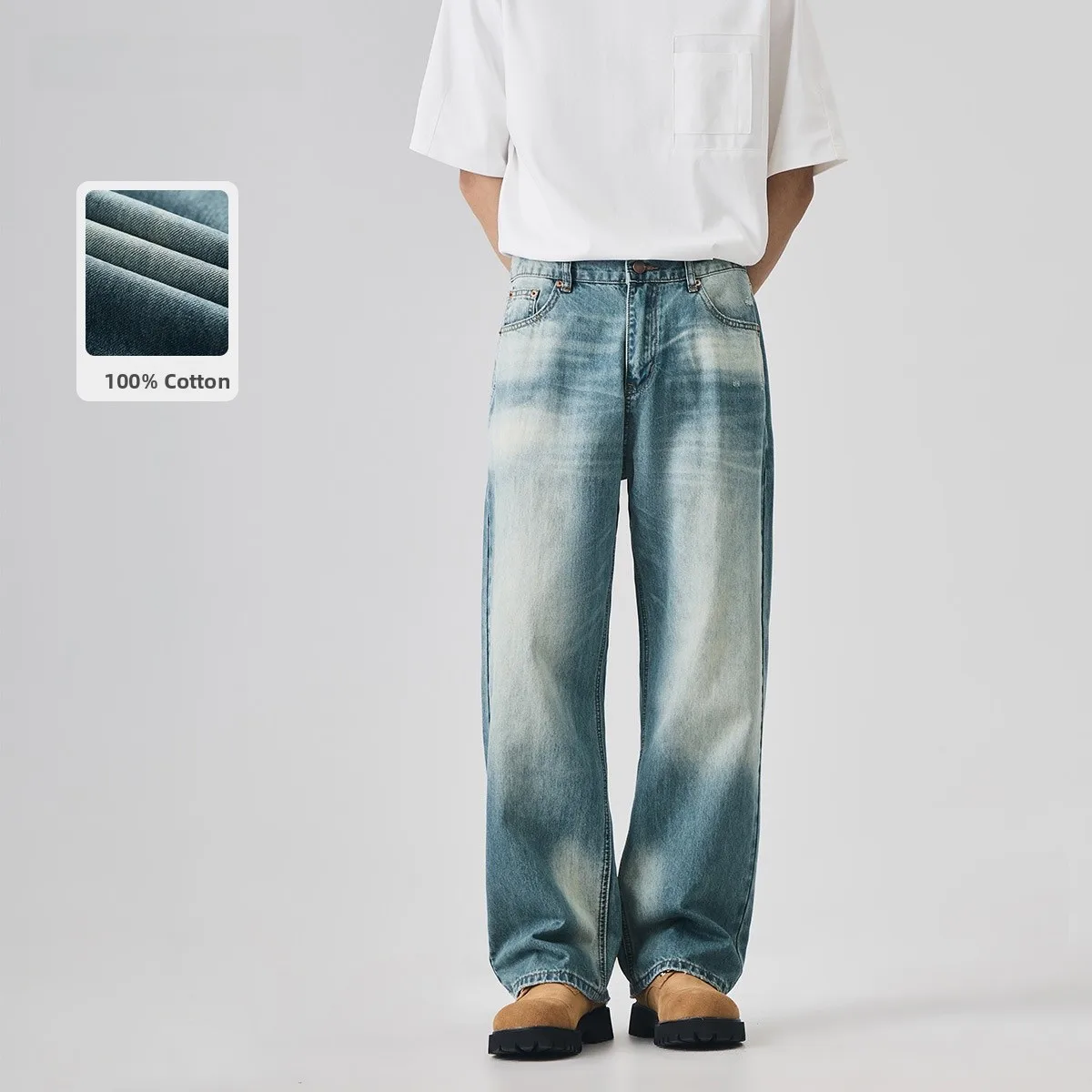 

Men's Pure Cotton Denim Jeans Spring Fashion Brand American Retro Washed Outdated Hole Long Pants Loose Straight Tube