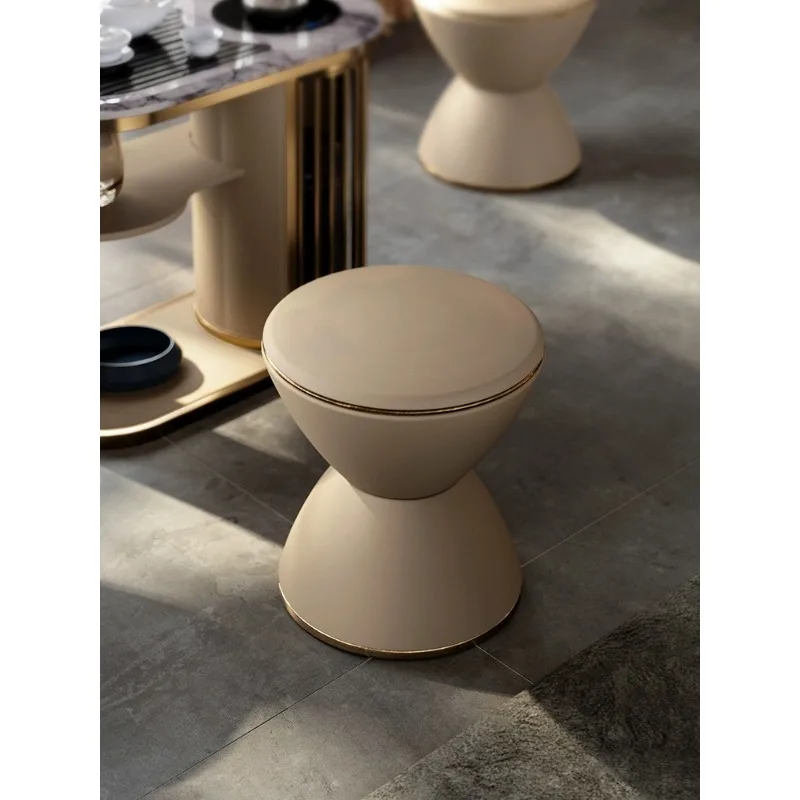 Light luxury simple stool Italian round full genuine leather stainless steel stool villa high-end modern simple tea stool