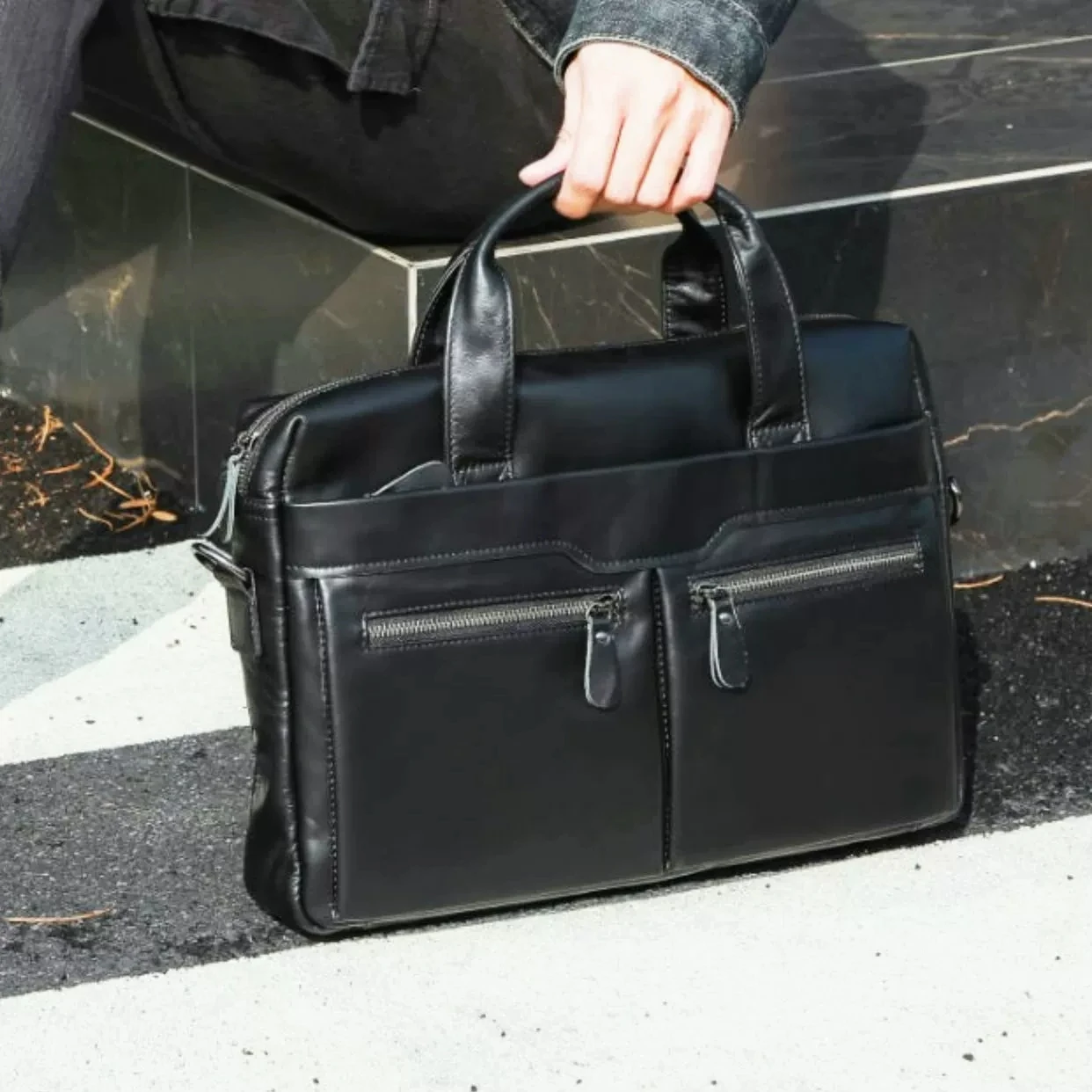 أسود الأعمال حقيبة جلد البقر الحقيقي سعة كبيرة رجل حقيبة كمبيوتر محمول جلد طبيعي متعددة الوظائف الذكور حمل أو حقيبة كتف
