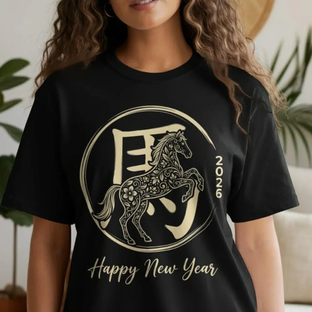 2026년 말년 티셔츠 중국 설날 셔츠 음력 말자리 꽃무늬 프린트 티셔츠 새해 복 많이 받으세요 여성 남성 패션 탑