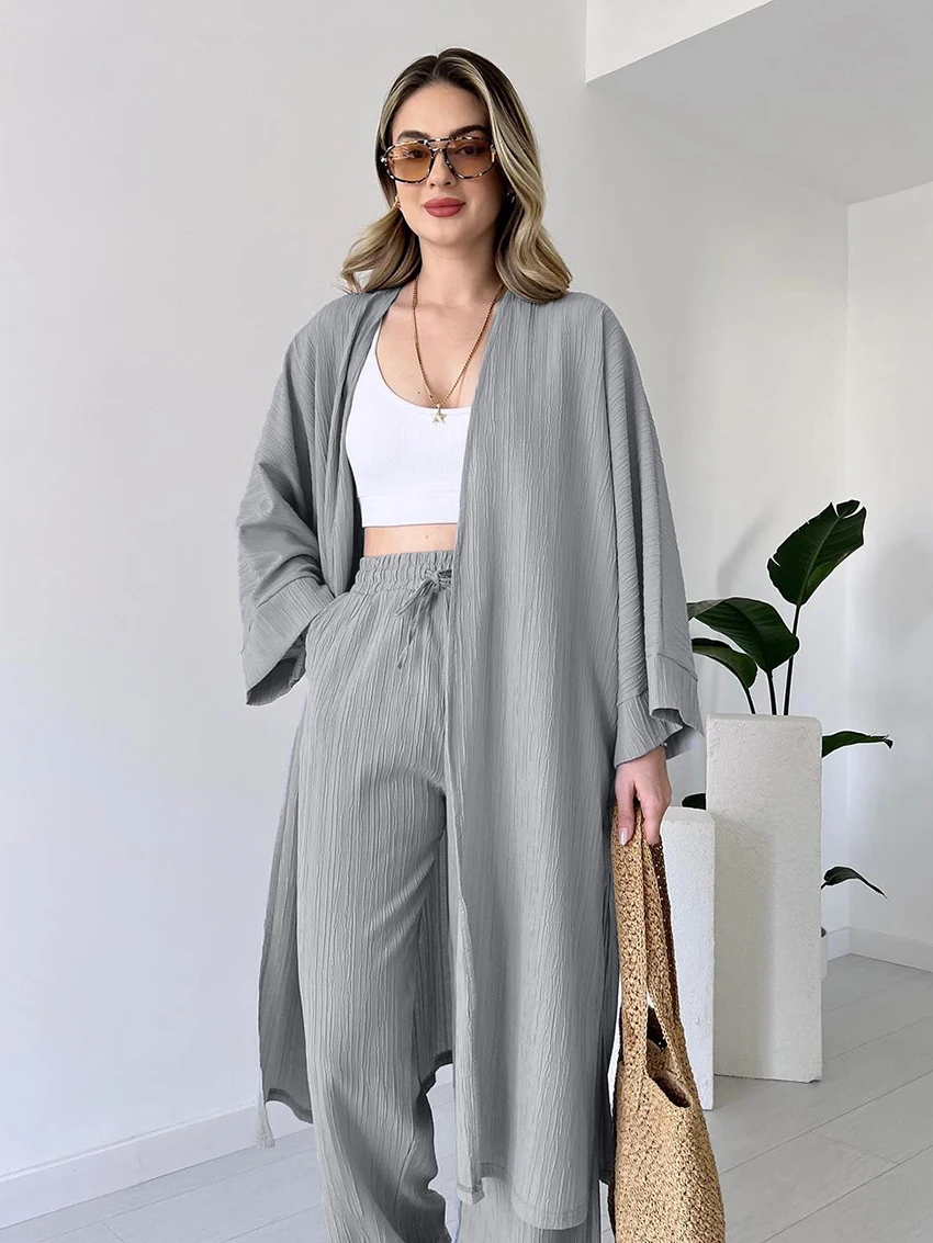 Marthaqiqi Loose Gray Women Nightgowns Set Sexy V-Neck Sleepwear Long Sleeve Nightwear Pants Casual Ladies Pajamas 2 Piece Suit