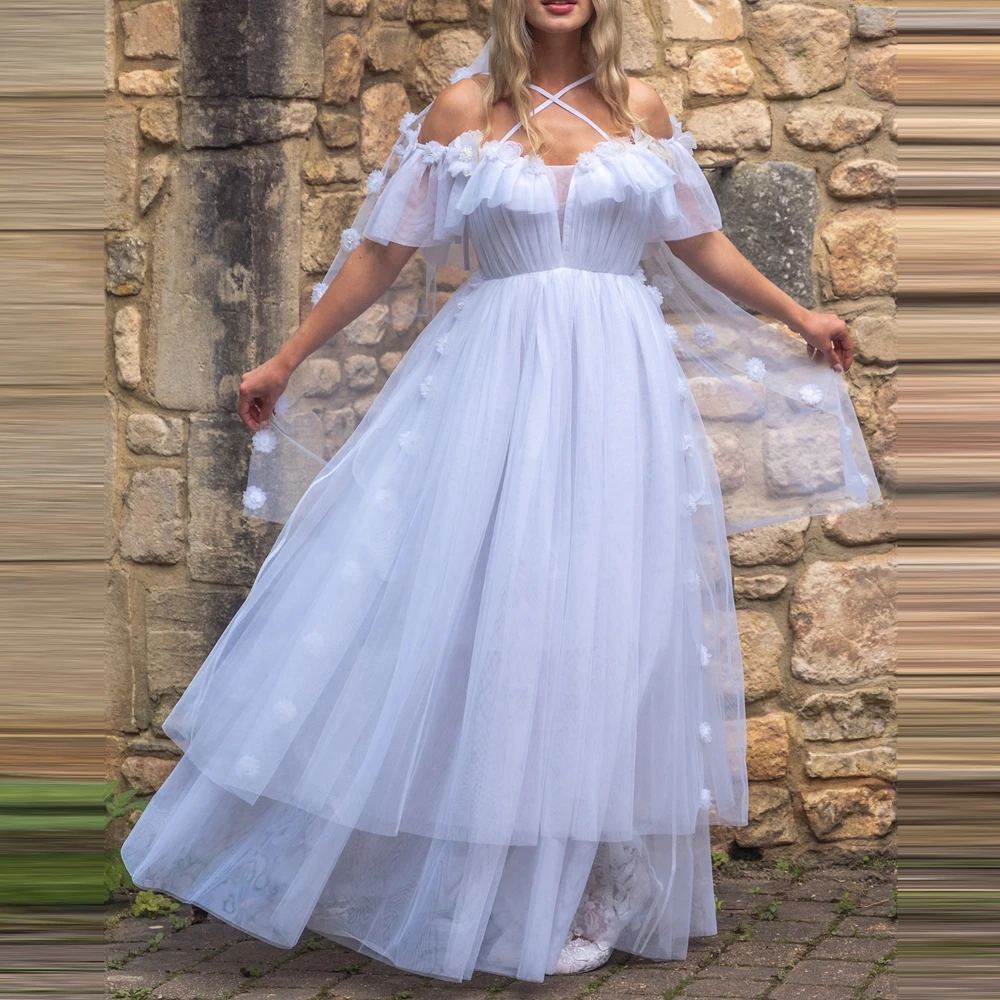 

Новое элегантное белое свадебное платье из тюля с открытыми плечами и кружевными аппликациями А-силуэта с вырезом в форме сердца, свадебное платье, горячая распродажа