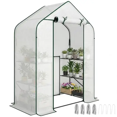 4.7' x 2.3' x 6.2' Small Greenhouse, Foldable Frame, White | 3 Tiers 6 Shelves, Easy Set up, Portable, UV-Resistant PE