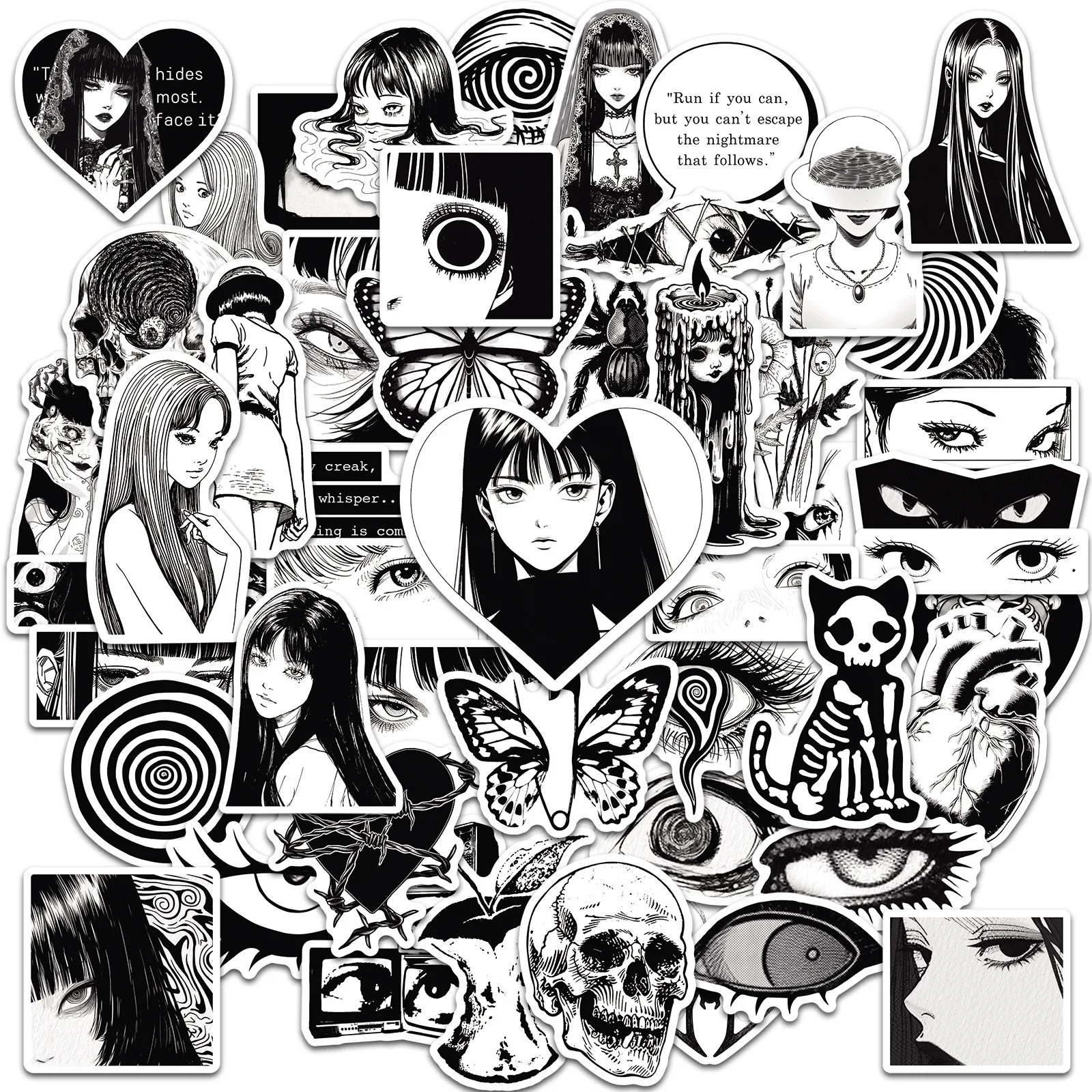 50 Stück Anime-Sticker im schwarz-weißen Horror-Girl-Stil, ästhetische DIY-Aufkleber für Scrapbooking, Notizbücher, Gepäck, Laptops, Skateboards, Autos