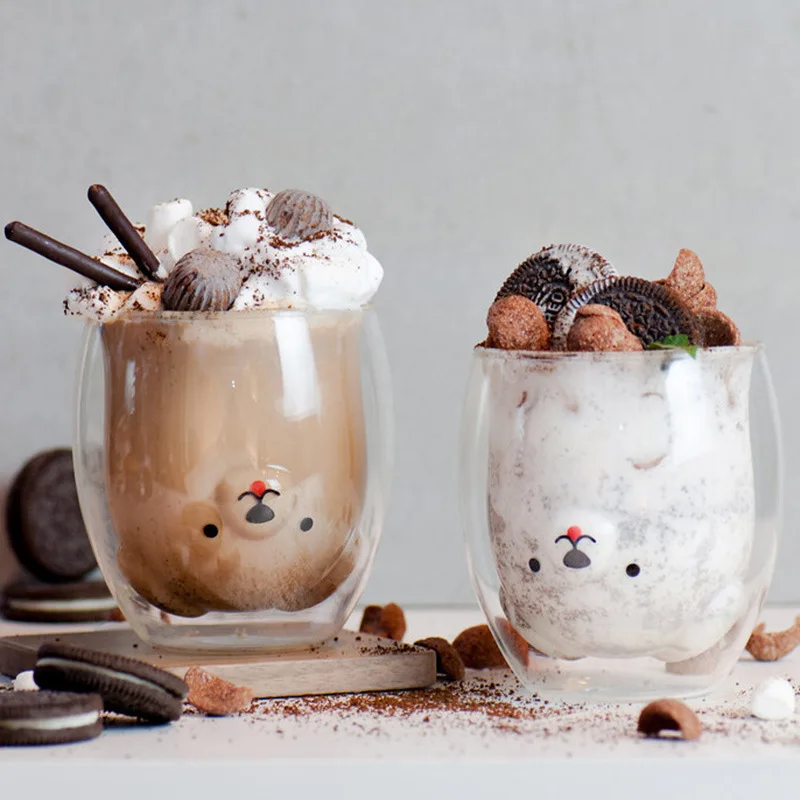 280ML Double Glass Cup Coffee Mug Bear Cat Dog Animal Transparent Cute Milk Juice Tea Drinking Cups Birthday Party Wine Glasses