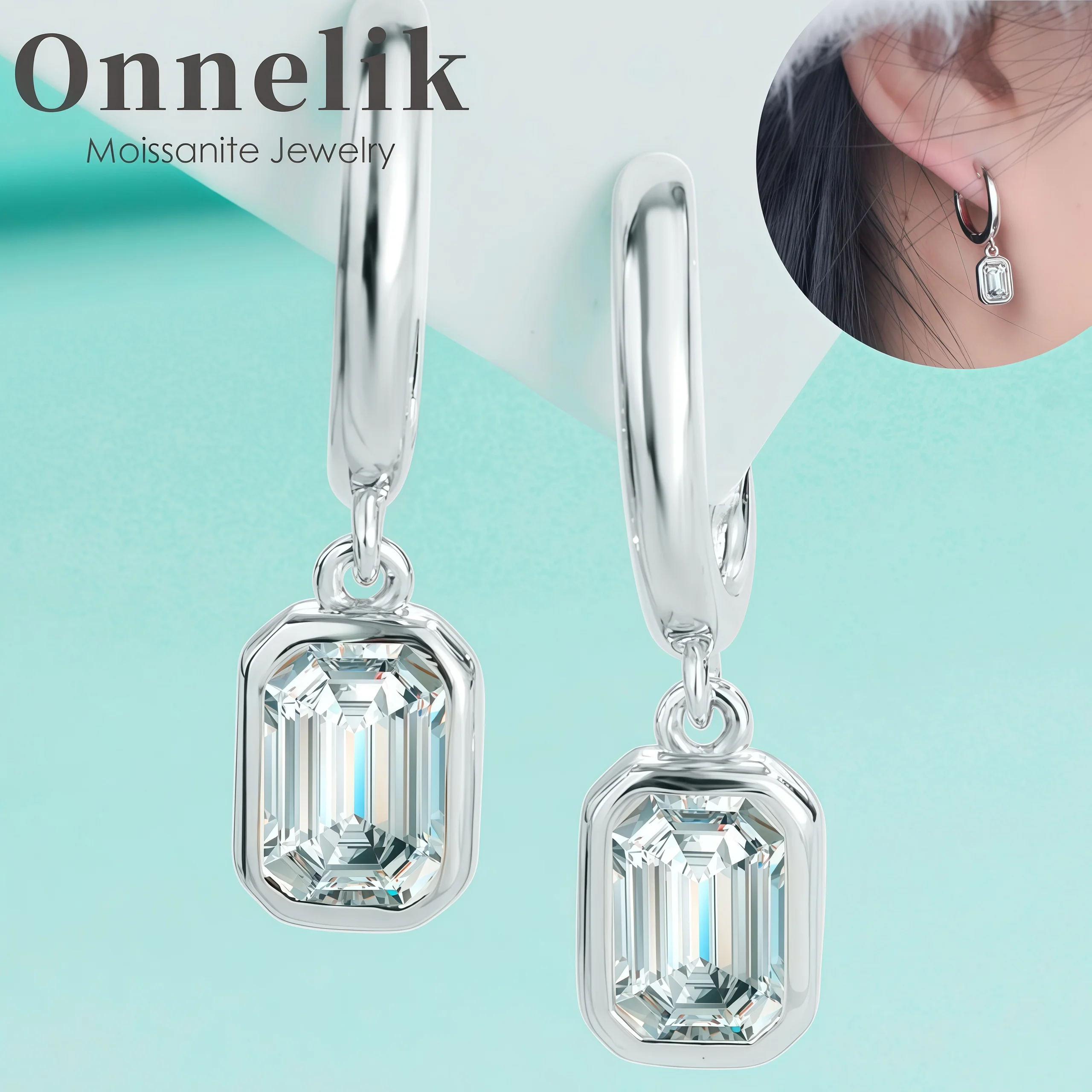 

Onnelik New Arrival S925 Sterling Silver 18K Gold Plated Emerald Cut 1/2CT Moissanite Earrings Fashion Light Luxury Jewelry Gift