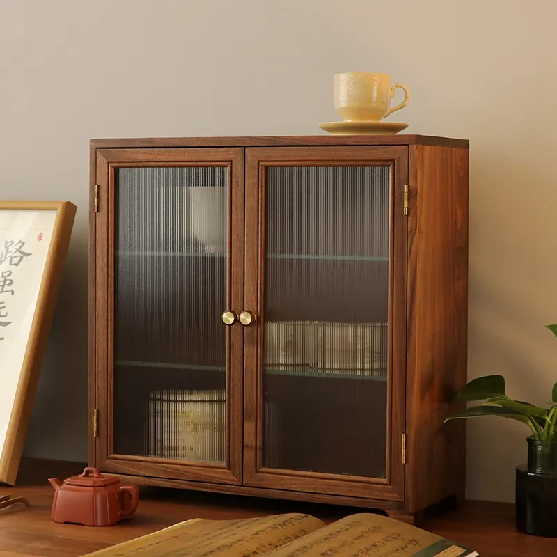 Japanese Style Black Walnut Tea Cup Storage Cabinet Solid Wood Desktop Display Shelf Double Door Multi Layer Organizer for