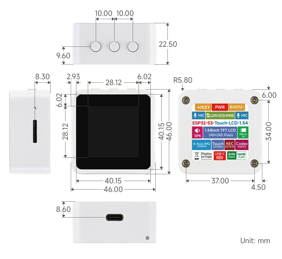 ESP32-S3 1.54inch LCD Display Development Board,240×240 Resolution,262K Color, Supports Dual Microphones, 2.4GHz Wi-Fi And BLE 5