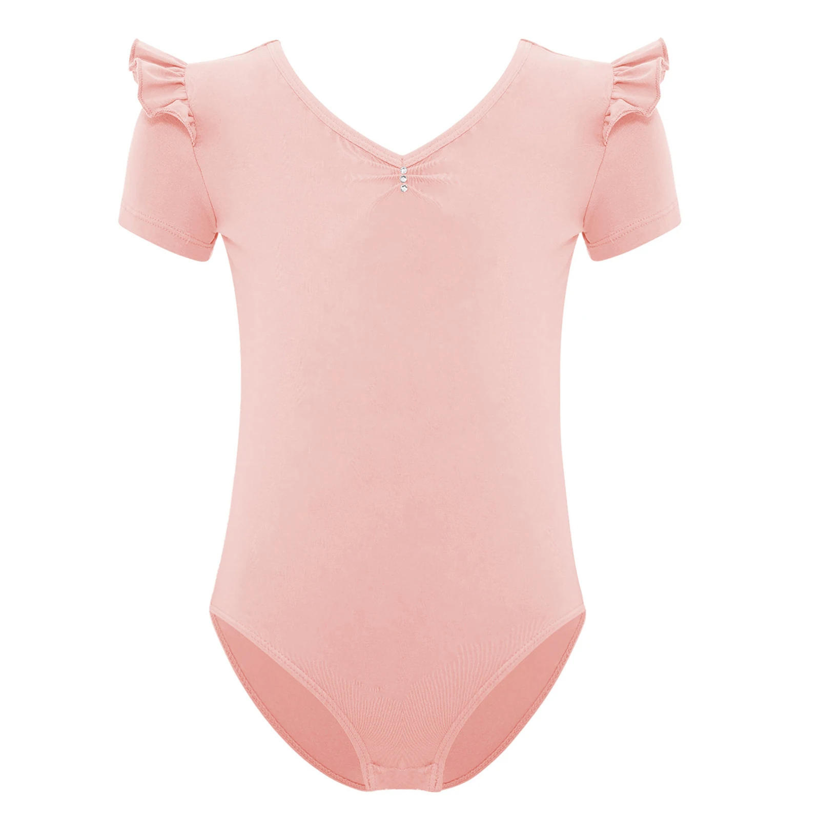 

Kids Girls Cotton Ballet Dance Leotard Cute Ruffle Short Sleeve V-Neck Ruched Soft Bodysuit for Practice Examination Performance