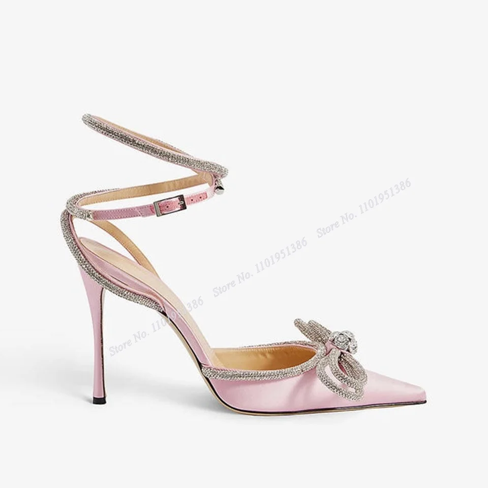 

Moraima Snc Pink Crystal Bow Knot Sandals Pumps Pointe Toe Stiletto Shoes Sandals For Women Stilettos High Heel Zapatillas Mujer