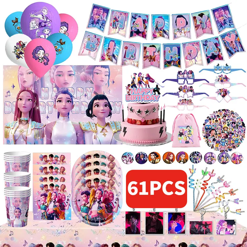 جديد شيطان الصيادين Kpop زينة عيد ميلاد مجموعة أدوات المائدة بالونات راية مفرش المائدة حقيبة Kpop كعكة ديكور لفتاة هدايا الحفلات