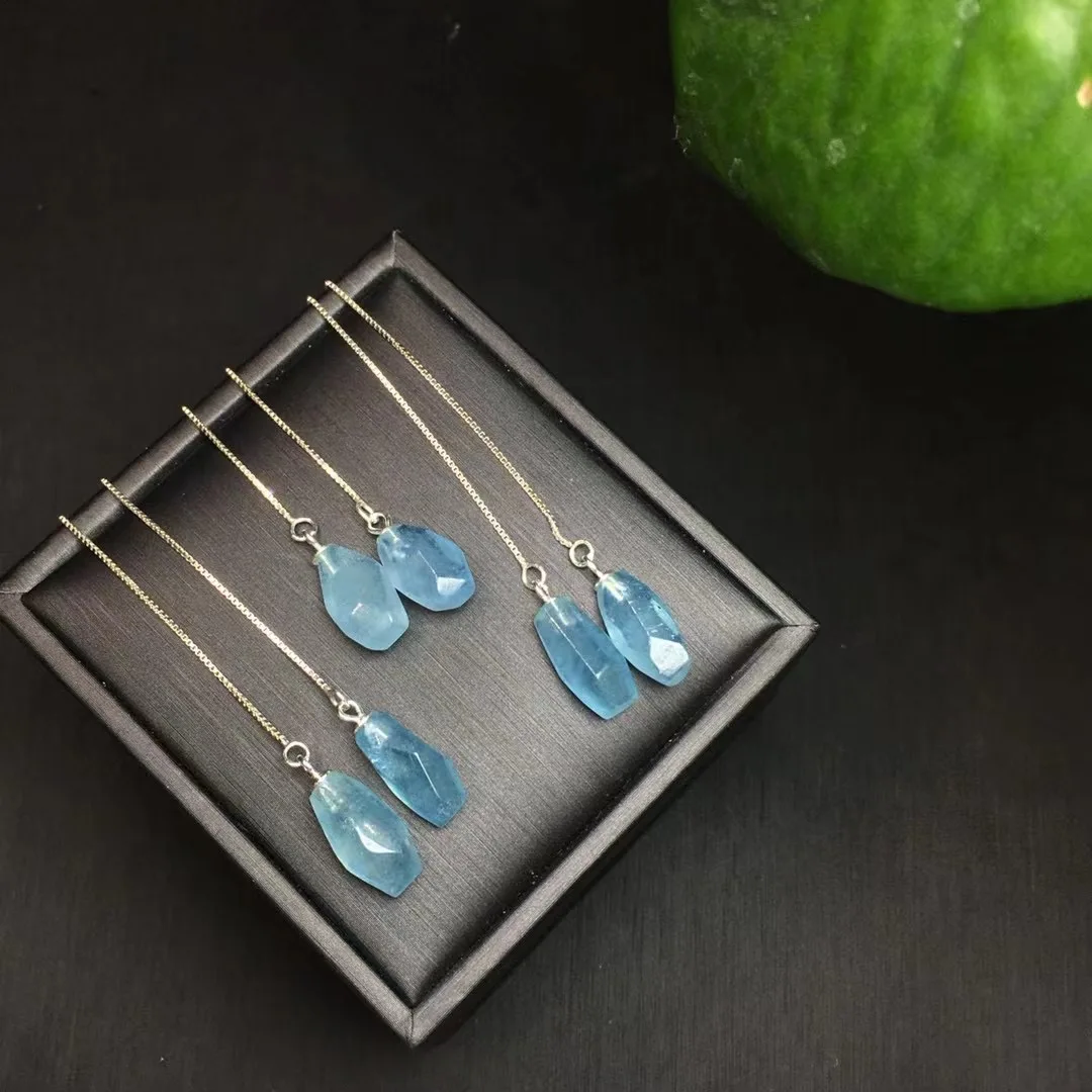 

1 Pair Fengbaowu Natural Aquamarine Earring 925 Sterling Silver Irregular Shape Reiki Healing Stone Fashion Jewelry Gift Women