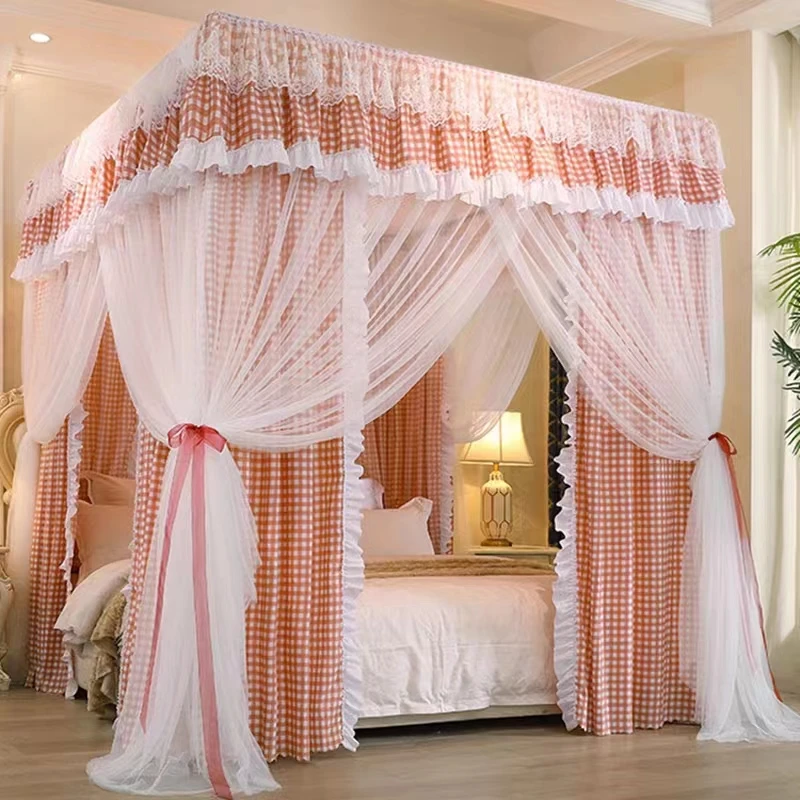 

New Pink Plaid Shading Bed Mantle Princess Bedroom Double Layer Mosquito Net Without Support Four Door Single Mosquito Net