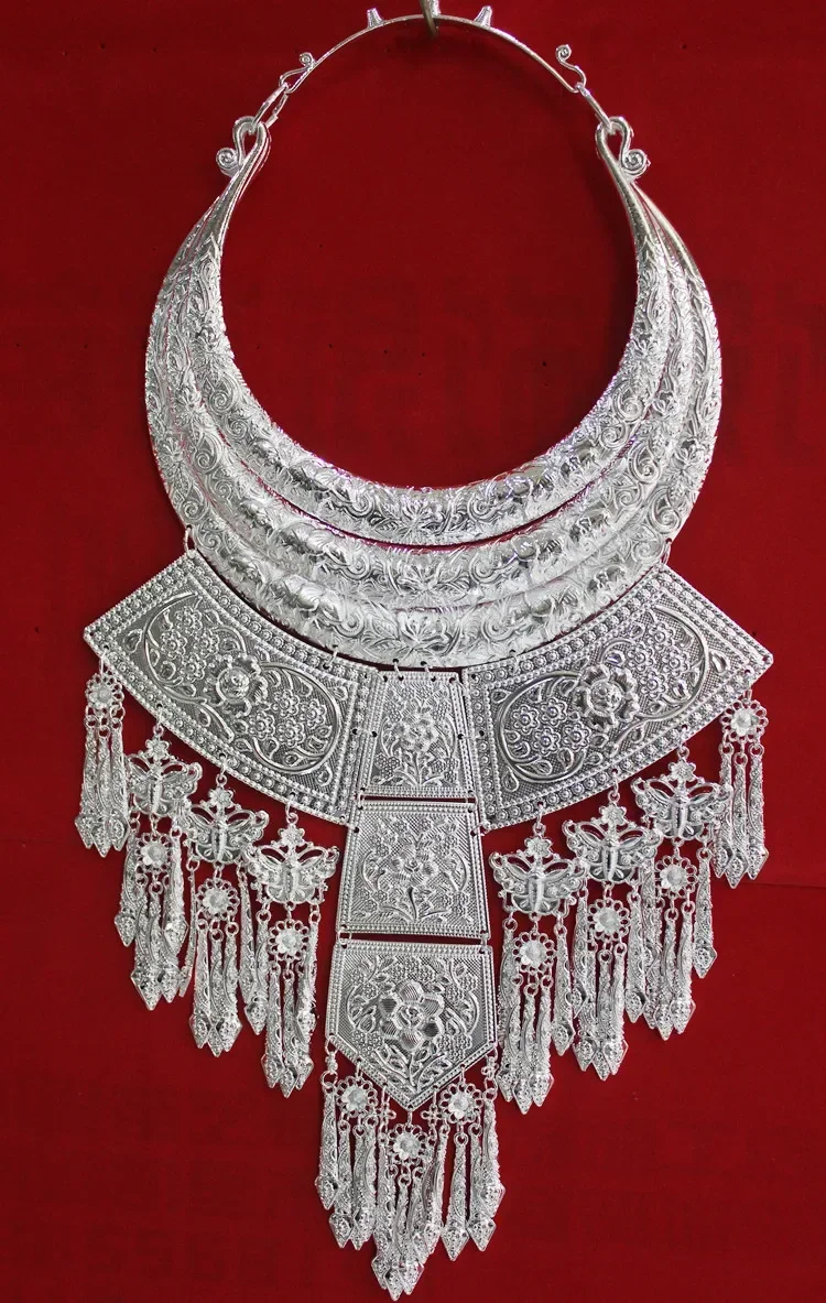 Hmong Miao Silver Necklace for Women Miao Dance Performance Collar Festival Accessories Chinese Style Hmong Trim Jewelry