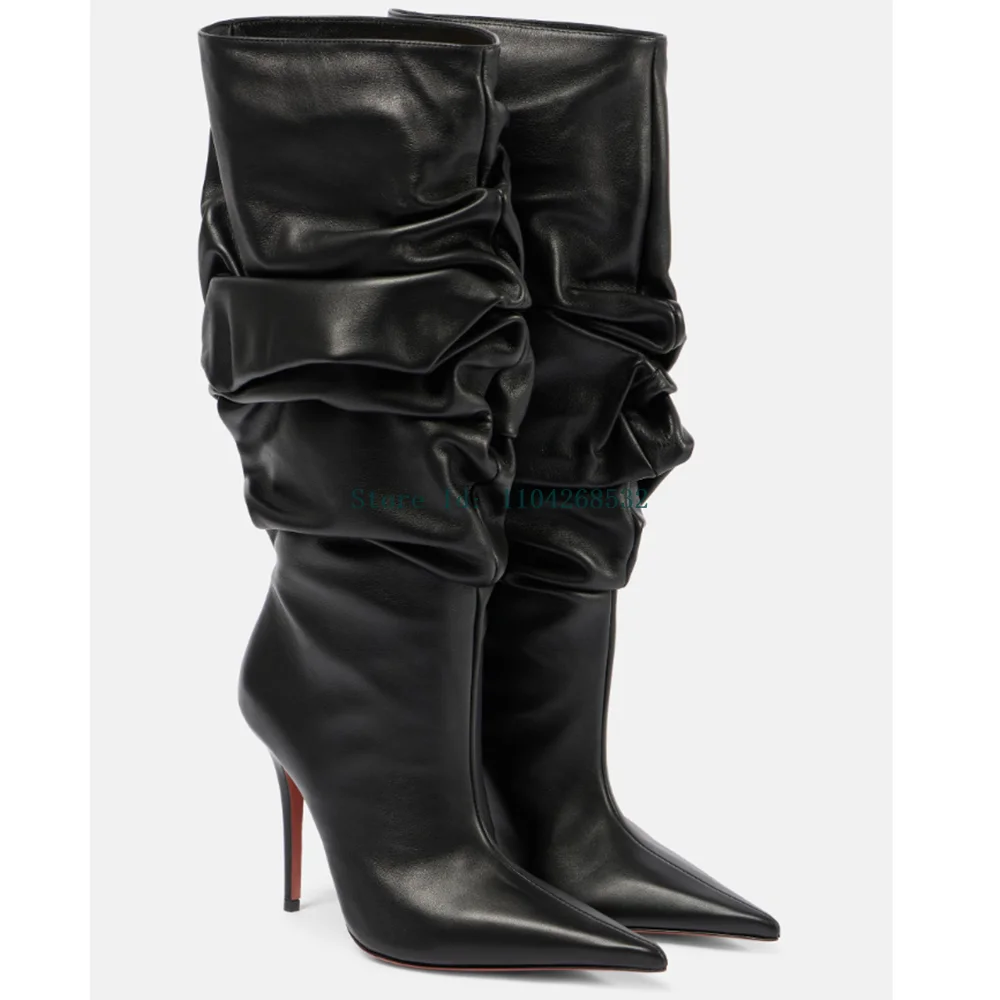 Black Genuine Leather Pleated Slouchy Boots Sexy Pointed Toe Stiletto Knee Solid Silp On High New Arrivals Fashion Women Boots