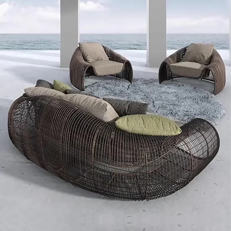 Rattan Chair Three-piece Set Rattan Sofa Combination Balcony Small Table and Chair Outdoor Open-air Leisure Waterproof