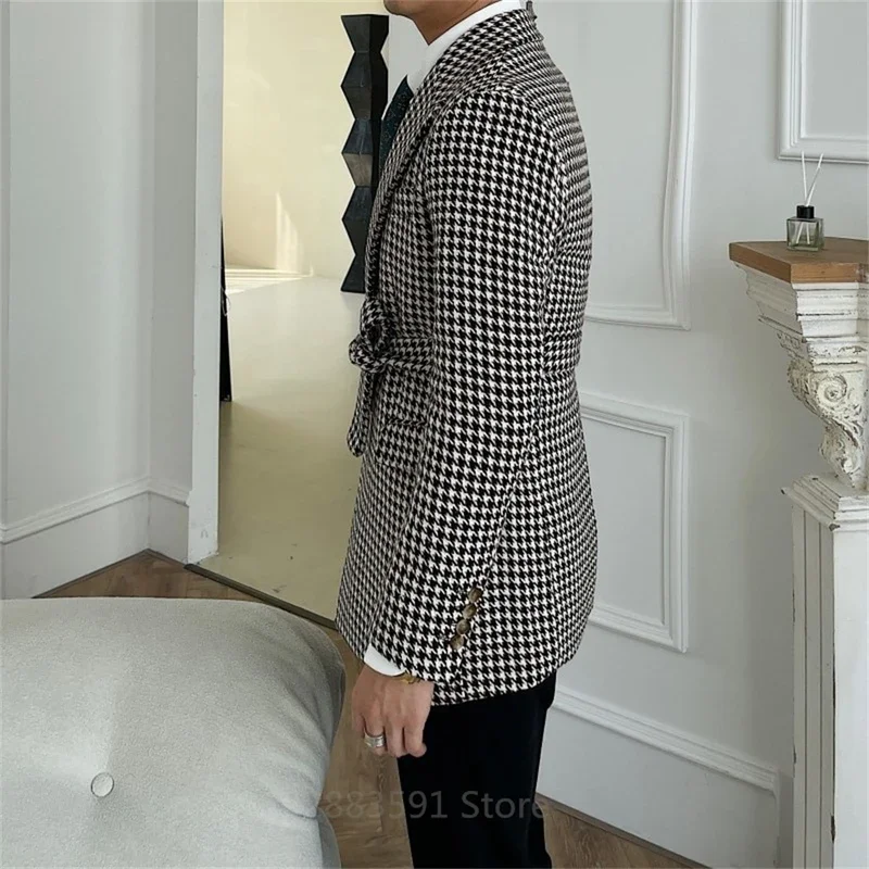 2 Piece Houndstooth Double Breasted Wedding Suits For Men Slim Fit Male Fashion Groom Tuxedo Set With Belt Latest Design