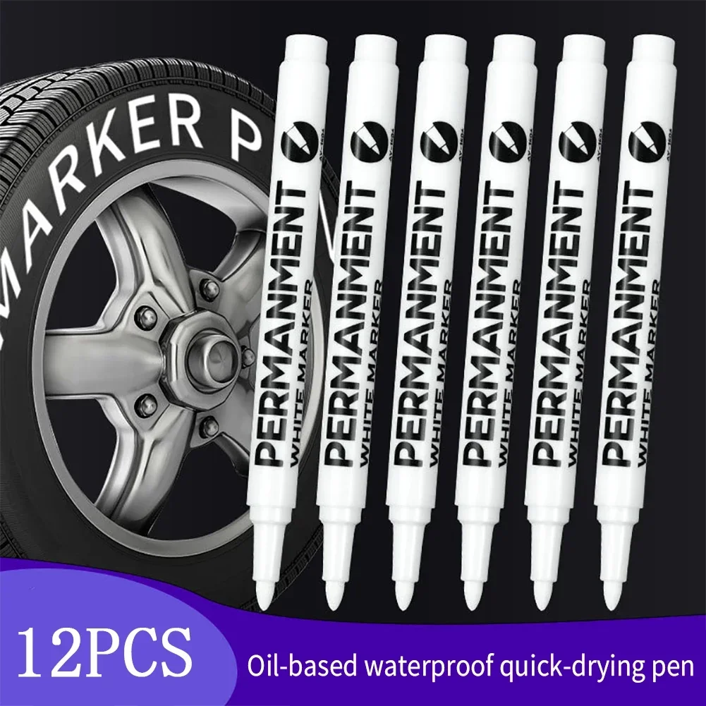 1/12Pcs White Marker Pen Paint Oily Waterproof Tire Painting Graffiti Pen Permanent Gel Pen For Fabric Wood Leather Marker 1.0mm