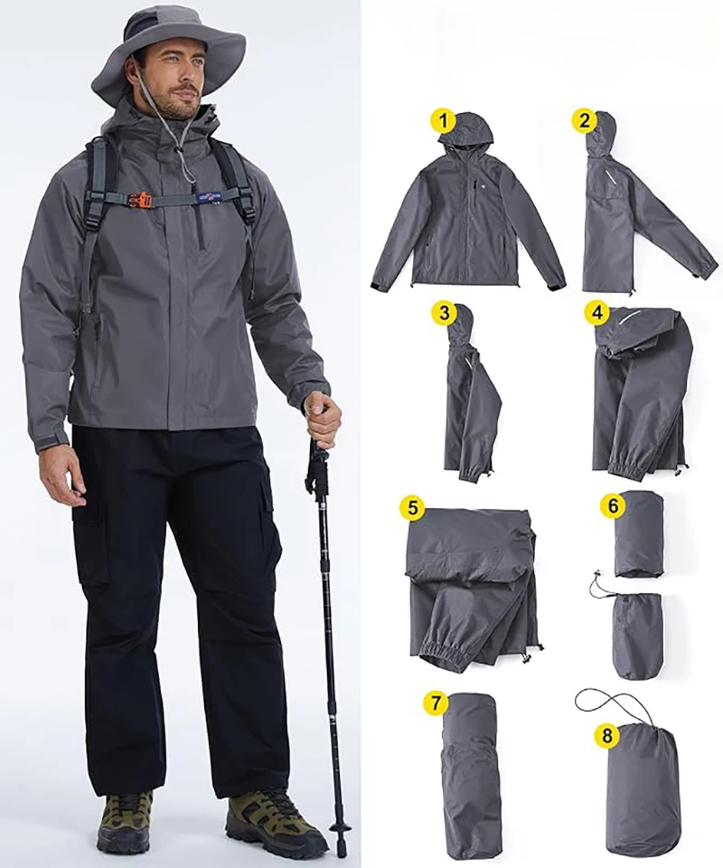 Sommerliche, wasserdichte Regenjacke für Herren, leichte, dünne Regenjacke mit Innentasche, ideal zum Campen, Wandern, Radfahren und Angeln. – Detail 15