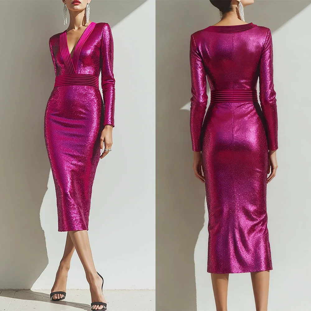 

Высококачественное индивидуальное платье с V-образным вырезом, длиной до колена, с длинными рукавами, прямого кроя, элегантное женское платье для свадьбы, красное.