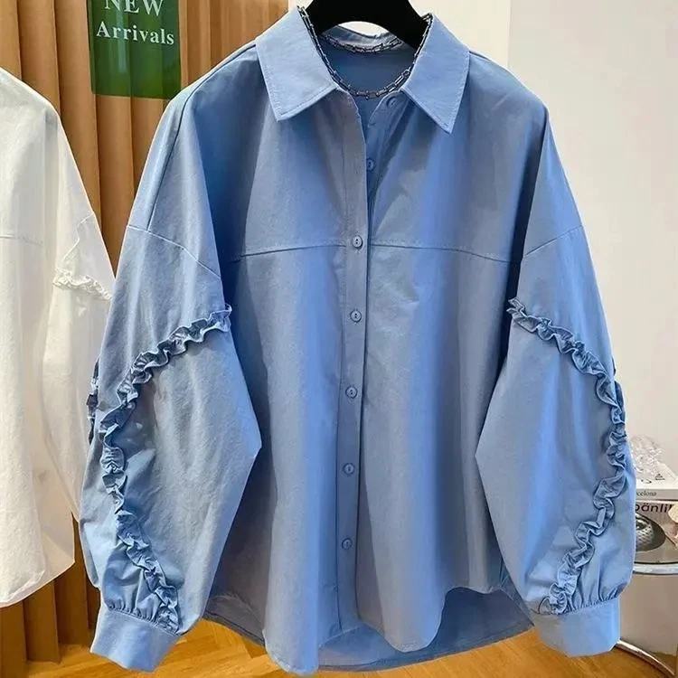 Weißes Hemd für Damen, langärmelig, Mantel, 2022, neue lockere große Abdeckung, Gesäß, Revers, Jacke, Top, koreanisches Mode-Shirt-Oberteil