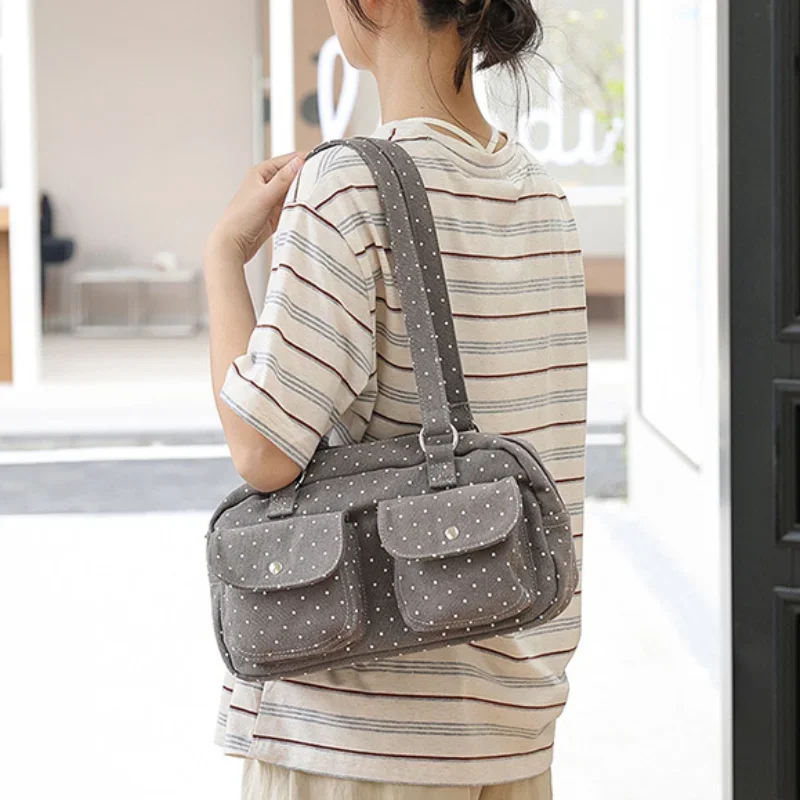 Schultertasche mit mehreren Taschen und Sternenmuster, gepunktet, für Damen, Canvas-Tragetasche, koreanische süße, niedliche, lässige Handtasche für Pendler und Reisen – Detail 8