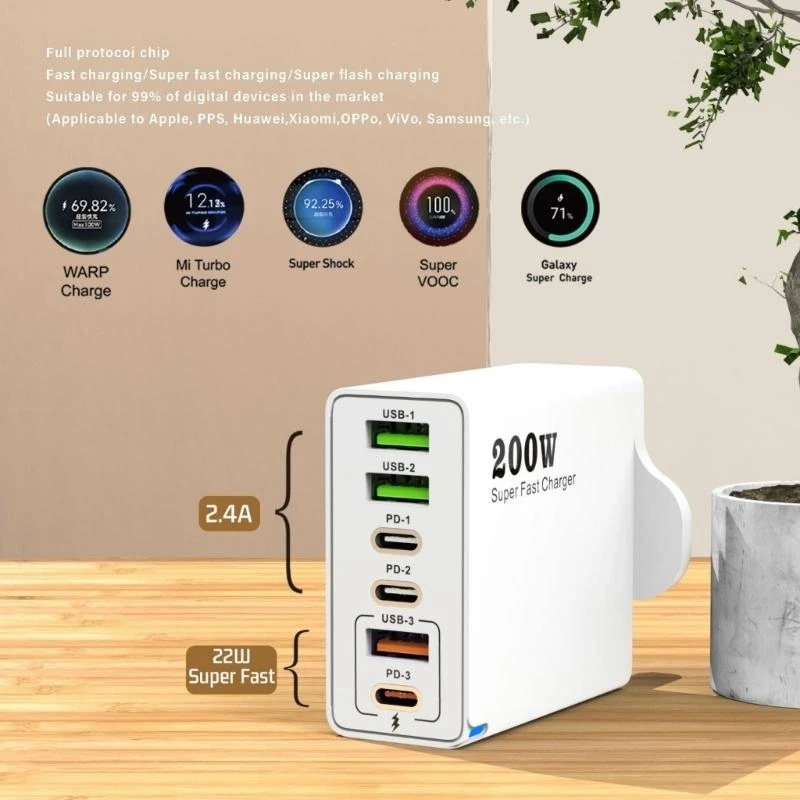 

6 Port USB C PD3.0 200W Quick Type C USB Phone Fast Charging Adapter for Phone 83CF