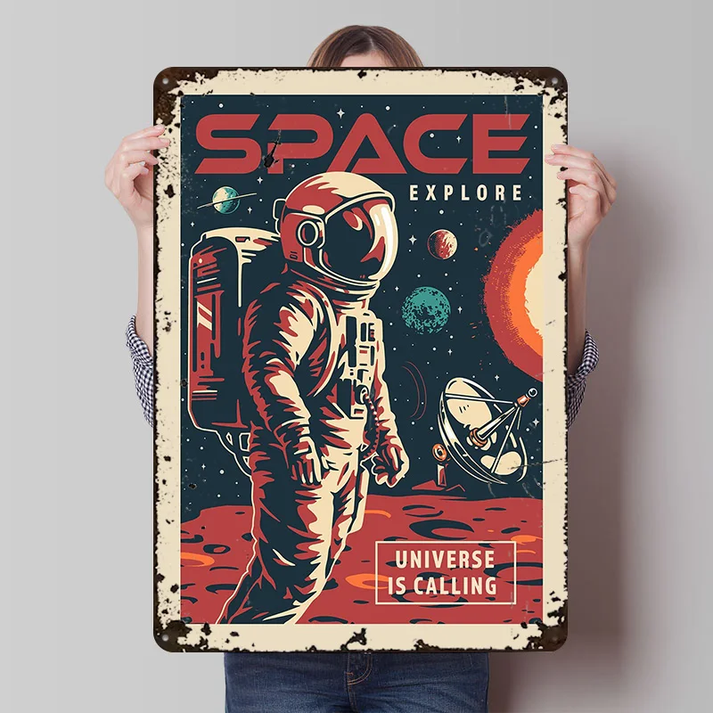 رائد الفضاء خمر المعادن المشارك علامات معدنية جدار الفن مخصص تين تسجيل للمنزل الديكور الأشياء لتصميم الغرفة العصا ديكو