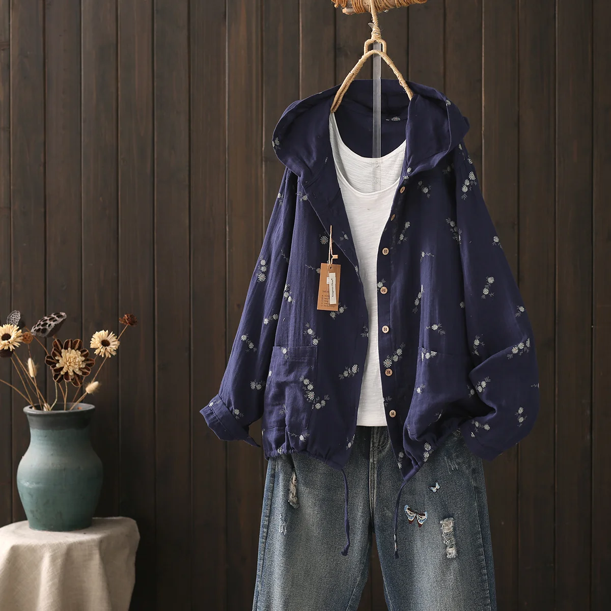 Middle Aged Women Clothes Double Layer Cotton Yarn Green Coffee Print Hooded Shirts and Blouses for Women Hoodies Jacket Outwear 3