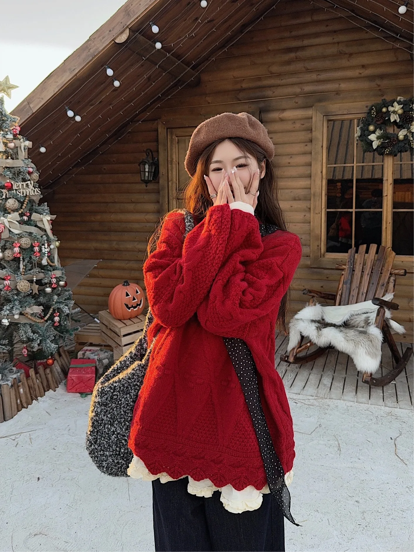 

Красный повседневный свободный вязаный свитер с длинным рукавом и круглым вырезом для женщин, новый весенний стиль, удобный модный топ в стиле кэжуал