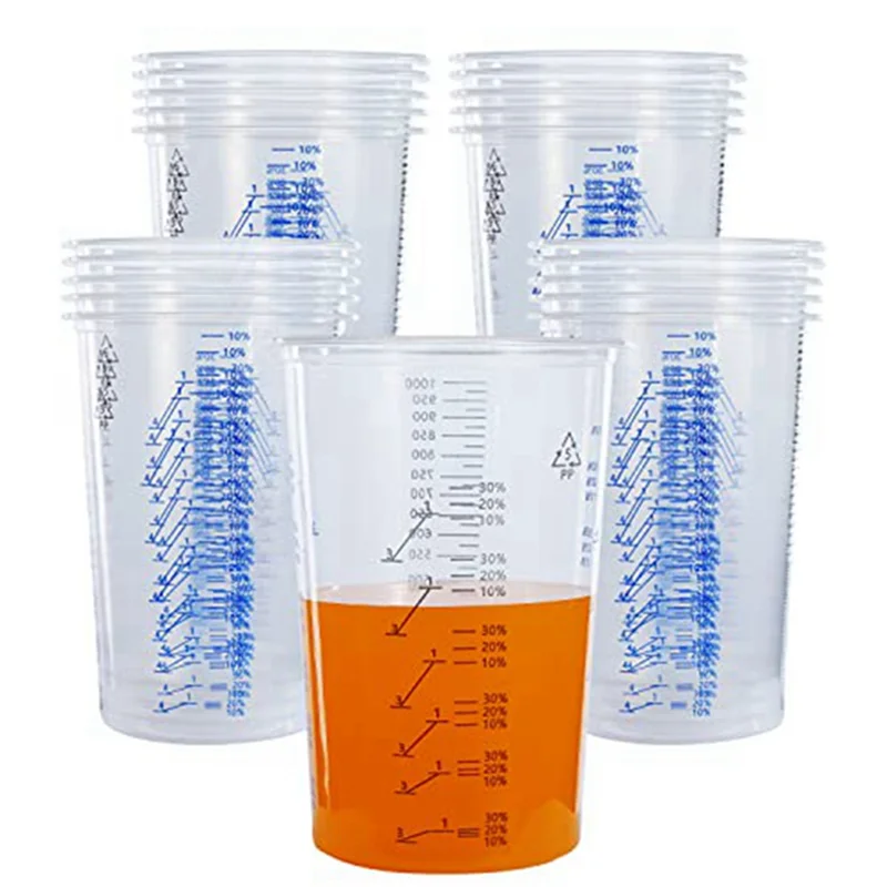 A74U 32 Oz (1000Ml) Disposable Flexible Clear Graduated Plastic Mixing Cups Use For Paint Resin Epoxy Mix Ratios, 25 Pack