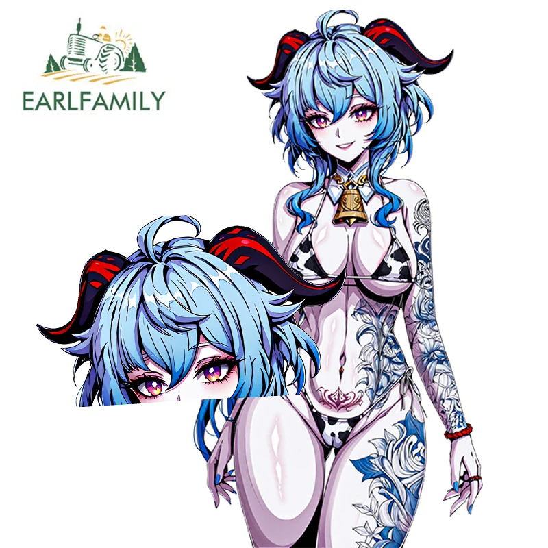 EARLFAMILY 13cm Genshin Impact Ganyu Fanart Peek Stickers Cow Bikini NSFW Boobs Tattoos Car Accessories Personality Decals