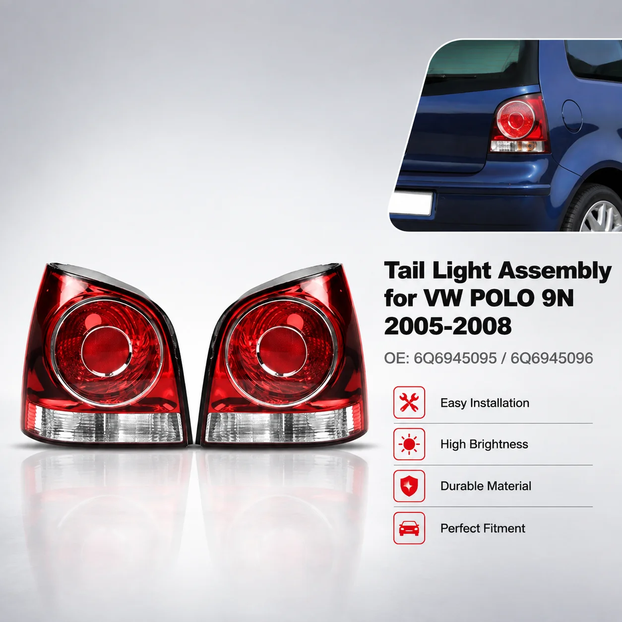 Volkswagen Polo 9N 9N3 2005 2006 2007 2008 2009 Rückleuchten-Gehäuse Links Rechts Rücklicht-Gehäuse Brems- und Blinklichtabdeckung Ersatzteil Langlebig Plug-and-Play Auto-Außenbeleuchtungszubehör