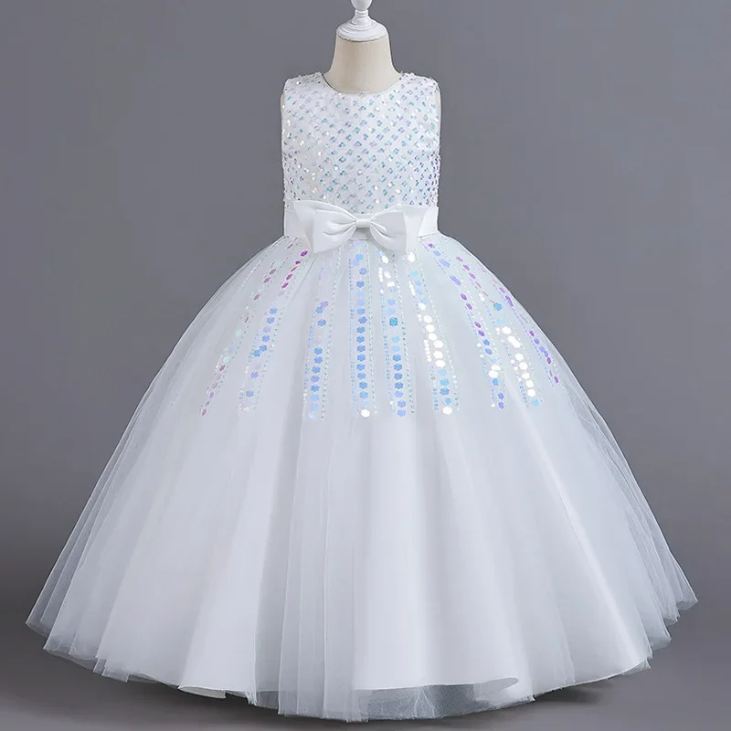 

Girls Christmas Gala Wedding Concert Elegant Party Princess Dresses White Sequin 5 7 9 12 To 13 14 Years Old Children's Costume