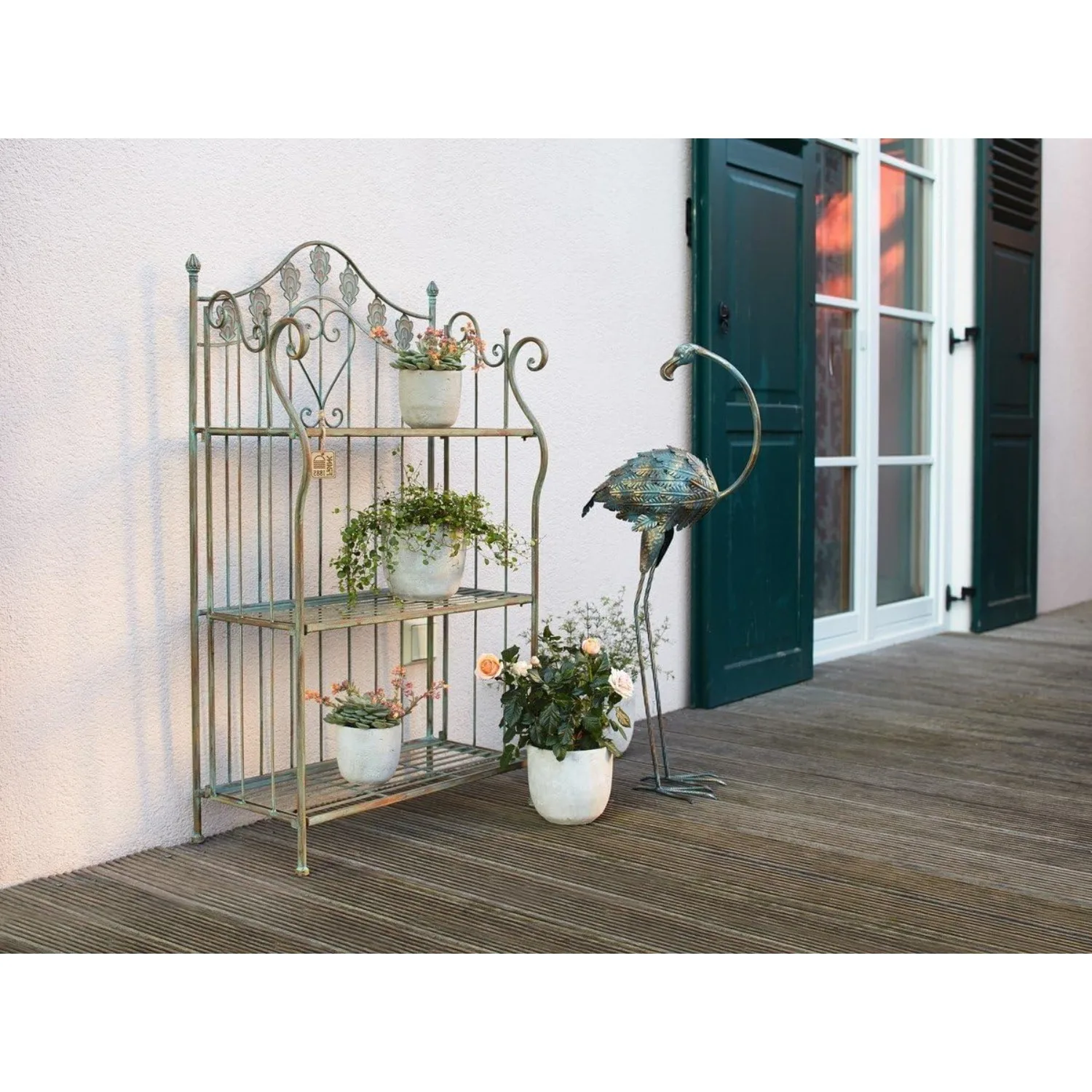 Pre-Assembled Foldable Three-Tier Green Plant Stand | Indoor Outdoor Baker's Rack with Scrolling Heart & Peacock Tail Motif