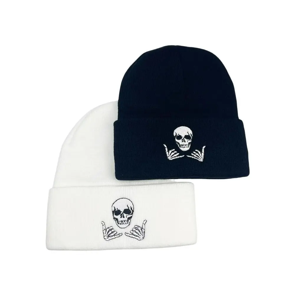 New Hip Hop Men's Knitted Hat Thicken Embroidered Skull Cold Cap Elastic Knitted Skull Bonnet Outdoor Ski