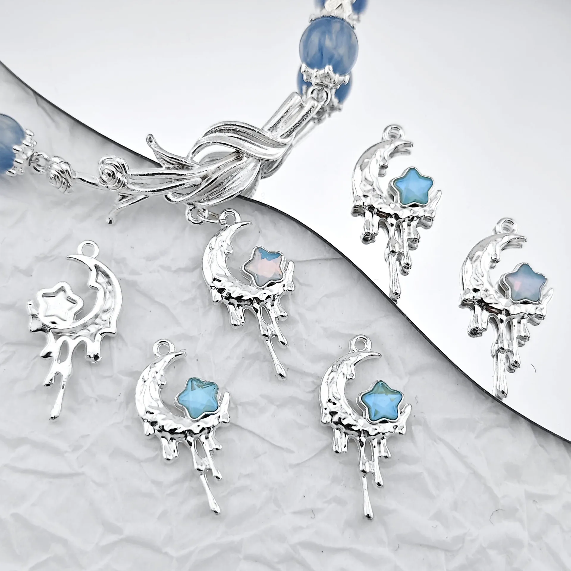 5pcs Lava Texture Liquid Star Moon Pendant Metal Micro Paved Charms Handmade Jewelry Making Materials for DIY Necklace Bracelet
