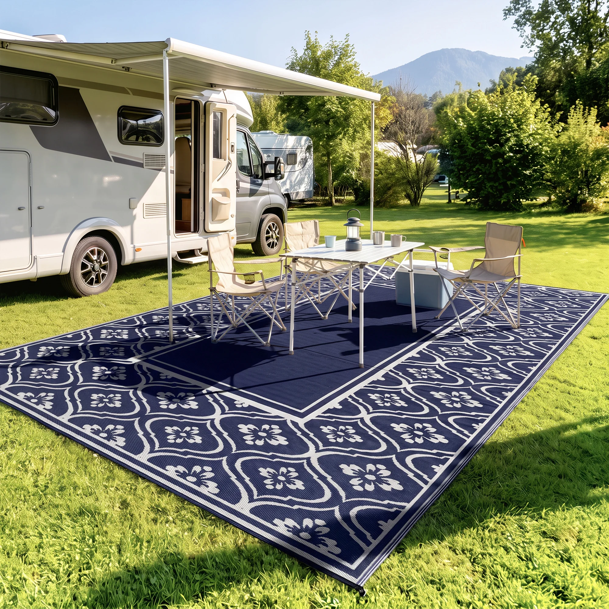 9 x 18 Ft Outdoor Floor Mat Blue White Gourd Border Rug Large Carpet for Backyard Balcony Patio Pool Decoration