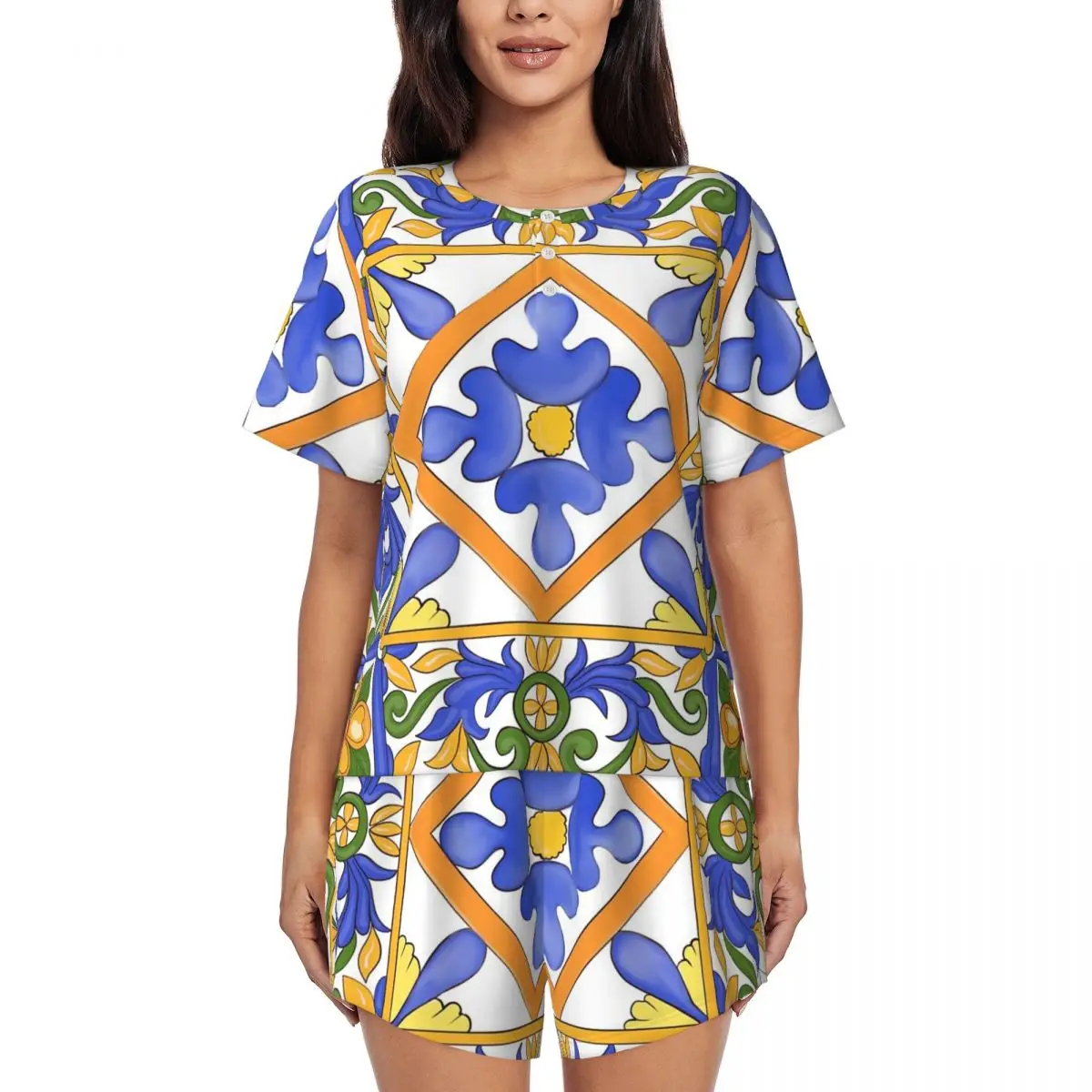 

Citrus,Sicilian Style Summer Decor Round Neck Short Sleeves Nightdress for Sleeping Women Loose Pajama Set Short Pants