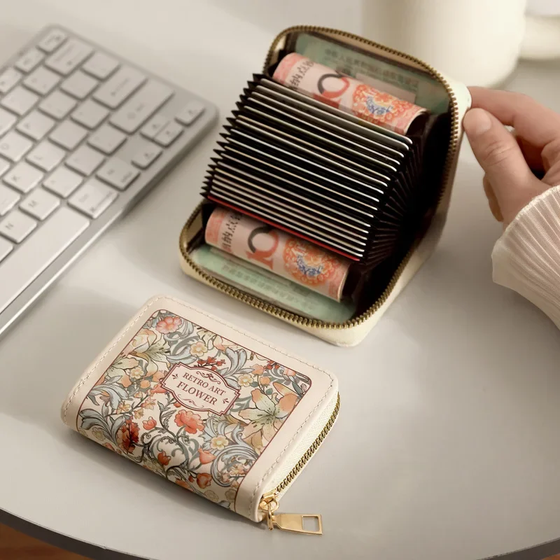 Pu Leather Large Capacity Credit Card Bag Multifunctional Zipper Flower Print Id Business Card Clip Hot Sales for Women Girl