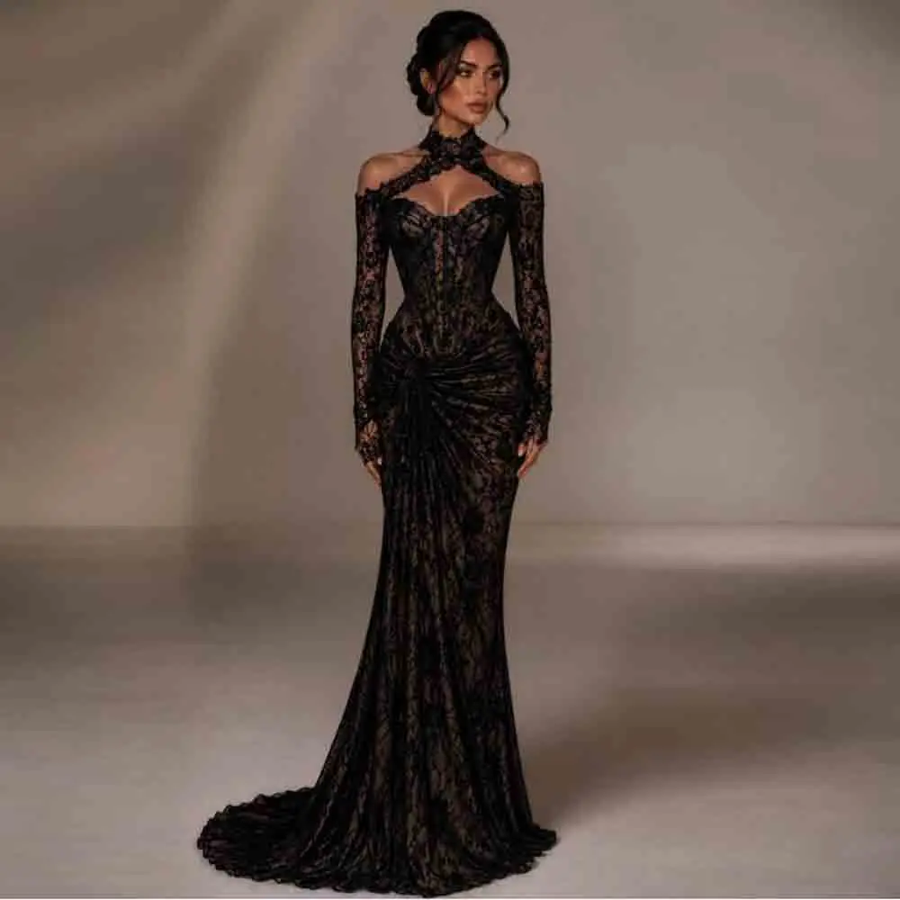 Maßgeschneidertes Spitzen-Neckholder-Abendkleid, schulterfreies Meerjungfrauen-Kleid für formelle Anlässe, langärmliges Korsett-Kleid mit Raffungen für Geburtstagsfeiern