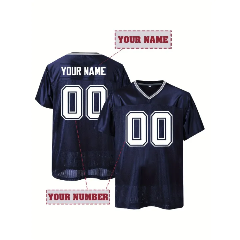 Camiseta de fútbol americano bordada con nombre y número personalizados para hombre, camiseta de manga corta personalizada con cuello en V de malla Retro azul Dallas