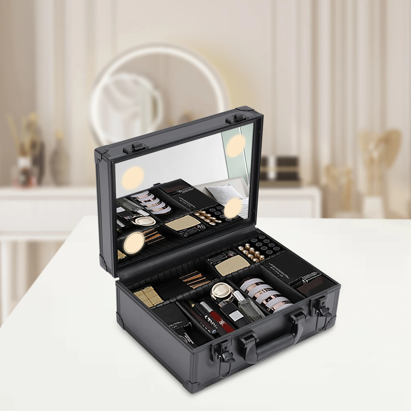 

Touchscreen Cosmetic Organizer Box Make Up Case Makeup Train Case 35*25*15CM with Customized Dividers 4 LED lights and Mirror