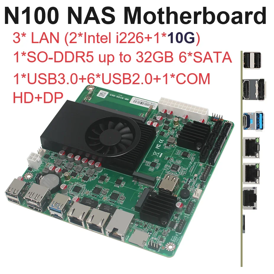 SZBOX N100 NAS Motherboard 10G LAN Port  2*i226 DDR5 4800MHz Support Up To 32GB 6*SATA 1*USB3.0 6*USB2.0 1*COM HD DP Full Type-C