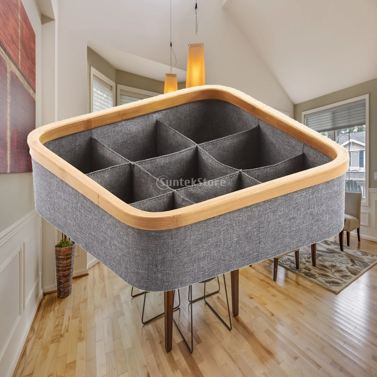 Textile Organizer with Bamboo Rim Open-Top Dresser Drawer Organizer Bins Divided Storage Box Structured Square Textile Storage