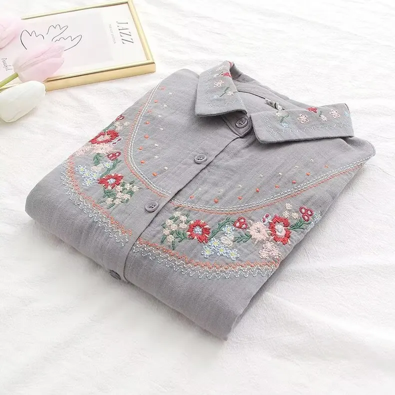 New Spring Cotton Retro Shirts Women Loose Lapel Neck Embroidery Blouses Girl Long Sleeve Casual Sweet Top 2024 Autumn T455116QM