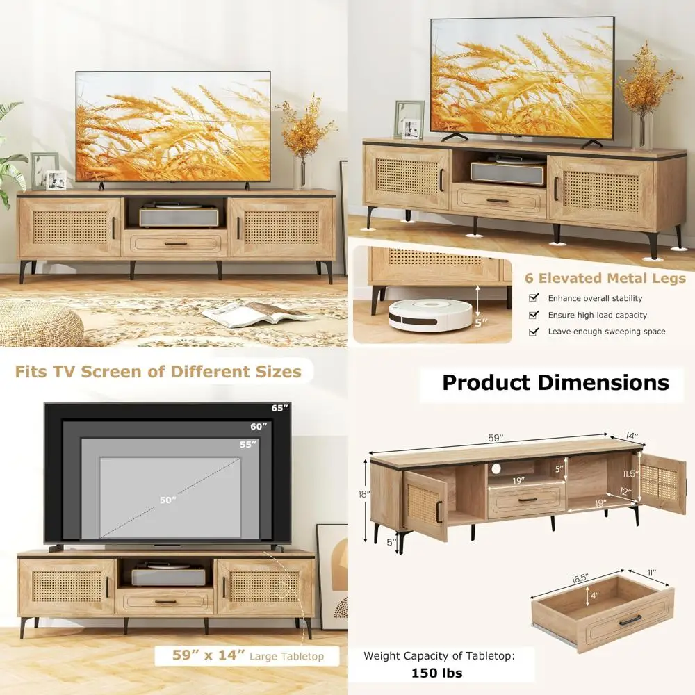 

Mid Century Modern 65 Inch TV Stand with Drawer and 2 Rattan Door Cabinets for Media Entertainment Center